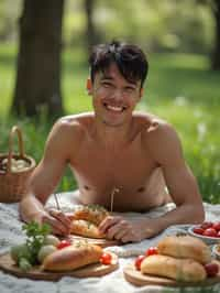 masculine  man having a fun outdoor picnic