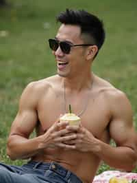 masculine  man having a fun outdoor picnic