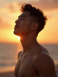 masculine  man enjoying a sunset at a beach or park