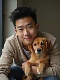 masculine  man posing with a cute pet