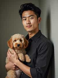 masculine  man posing with a cute pet