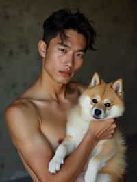 masculine  man posing with a cute pet