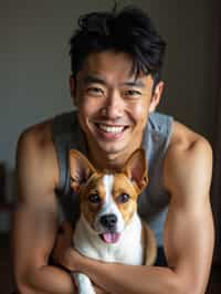 masculine  man posing with a cute pet