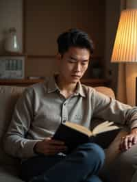 masculine  man reading a book in a cozy home environment