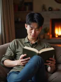 masculine  man reading a book in a cozy home environment