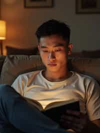 masculine  man reading a book in a cozy home environment