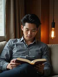 masculine  man reading a book in a cozy home environment