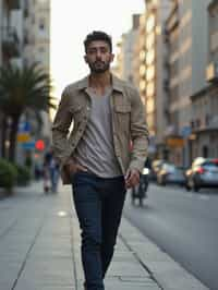 masculine  man taking a casual stroll through a cityscape