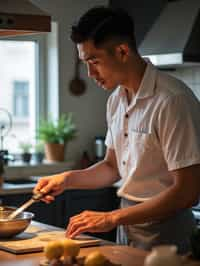 masculine  man cooking or baking in a modern kitchen