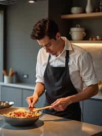 masculine  man cooking or baking in a modern kitchen