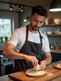 masculine  man cooking or baking in a modern kitchen