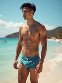 masculine  man in solid color  swim shorts on the beach, wet hair, swimsuit sports illustrated FHM maxim photos