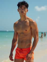 masculine  man in solid color  swim shorts on the beach, wet hair, swimsuit sports illustrated FHM maxim photos