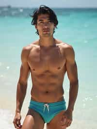 masculine  man in solid color  swim shorts on the beach, wet hair, swimsuit sports illustrated FHM maxim photos