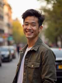 headshot of smiling man wearing casual clothes posing for dating app headshot. outdoor blurry background. the lighting is warm, possibly from a setting sun, creating a soft glow around him, enhancing the casual and relaxed vibe of the image. the setting seems to be outdoors, likely in an urban environment, with the blurred background hinting at a street or park-like area. this image likely portrays a youthful, active, and approachable individual, possibly in a lifestyle or fashion-related context.