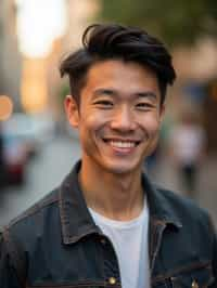 headshot of smiling man wearing casual clothes posing for dating app headshot. outdoor blurry background. the lighting is warm, possibly from a setting sun, creating a soft glow around him, enhancing the casual and relaxed vibe of the image. the setting seems to be outdoors, likely in an urban environment, with the blurred background hinting at a street or park-like area. this image likely portrays a youthful, active, and approachable individual, possibly in a lifestyle or fashion-related context.