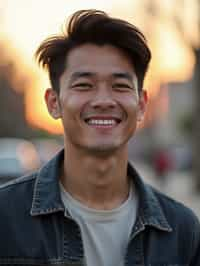 headshot of smiling man wearing casual clothes posing for dating app headshot. outdoor blurry background. the lighting is warm, possibly from a setting sun, creating a soft glow around him, enhancing the casual and relaxed vibe of the image. the setting seems to be outdoors, likely in an urban environment, with the blurred background hinting at a street or park-like area. this image likely portrays a youthful, active, and approachable individual, possibly in a lifestyle or fashion-related context.