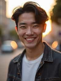 headshot of smiling man wearing casual clothes posing for dating app headshot. outdoor blurry background. the lighting is warm, possibly from a setting sun, creating a soft glow around him, enhancing the casual and relaxed vibe of the image. the setting seems to be outdoors, likely in an urban environment, with the blurred background hinting at a street or park-like area. this image likely portrays a youthful, active, and approachable individual, possibly in a lifestyle or fashion-related context.