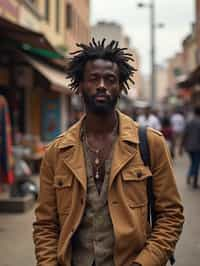 a stylish masculine  man exploring a street market