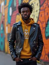 a fashionable masculine  man posing in front of street art