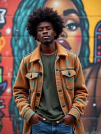 a fashionable masculine  man posing in front of street art