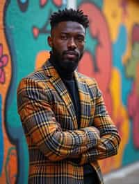 a fashionable masculine  man posing in front of street art