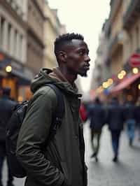 a confident masculine  man exploring a bustling city street