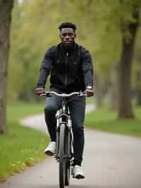 a stylish masculine  man enjoying a leisurely bike ride along a scenic path