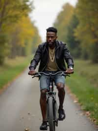 a stylish masculine  man enjoying a leisurely bike ride along a scenic path