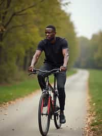 a stylish masculine  man enjoying a leisurely bike ride along a scenic path