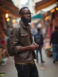 a charismatic masculine  man exploring a street market