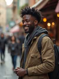 a charismatic masculine  man exploring a street market