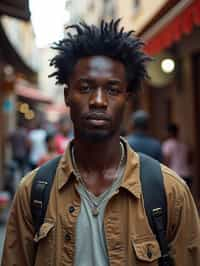 a charismatic masculine  man exploring a street market