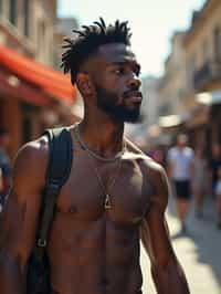 a charismatic masculine  man exploring a street market