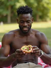 masculine  man having a fun outdoor picnic