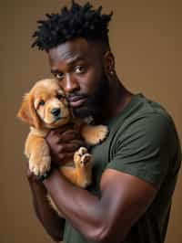 masculine  man posing with a cute pet