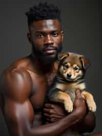 masculine  man posing with a cute pet