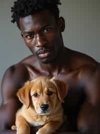 masculine  man posing with a cute pet