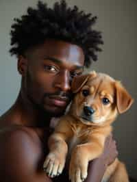 masculine  man posing with a cute pet