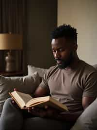 masculine  man reading a book in a cozy home environment