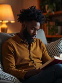 masculine  man reading a book in a cozy home environment