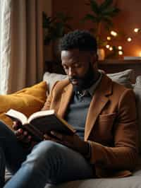 masculine  man reading a book in a cozy home environment