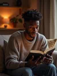 masculine  man reading a book in a cozy home environment