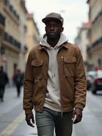 masculine  man taking a casual stroll through a cityscape