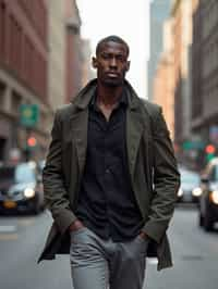 masculine  man taking a casual stroll through a cityscape