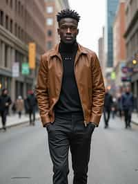 masculine  man taking a casual stroll through a cityscape