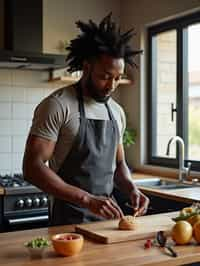 masculine  man cooking or baking in a modern kitchen