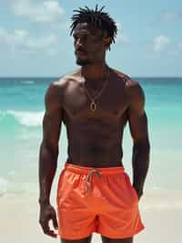 masculine  man in solid color  swim shorts on the beach, wet hair, swimsuit sports illustrated FHM maxim photos