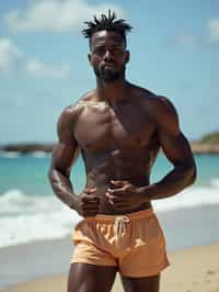 masculine  man in solid color  swim shorts on the beach, wet hair, swimsuit sports illustrated FHM maxim photos