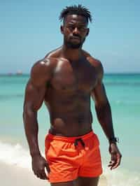 masculine  man in solid color  swim shorts on the beach, wet hair, swimsuit sports illustrated FHM maxim photos